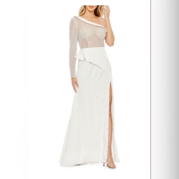 MAC DUGGAL Faux Pearl One Shoulder Gown NWT Size 12 - Picture 1 of 6